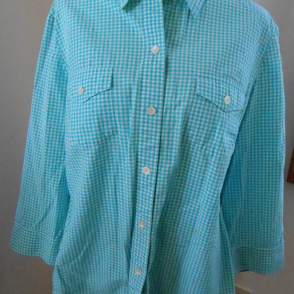 Adrienne Vittadini Teal & White Checked Collared Blouse Paisley Lining- Med-READ - Picture 3 of 6